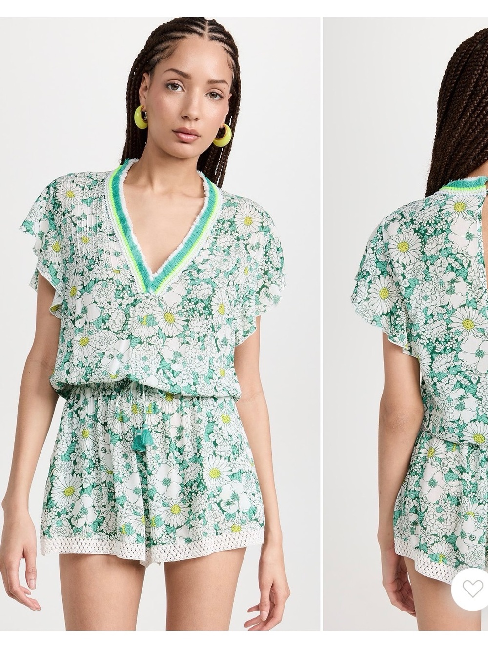 Poupette St Barth Sasha‎ Romper Floral V Neck Short Green Mid 70's Garden small
